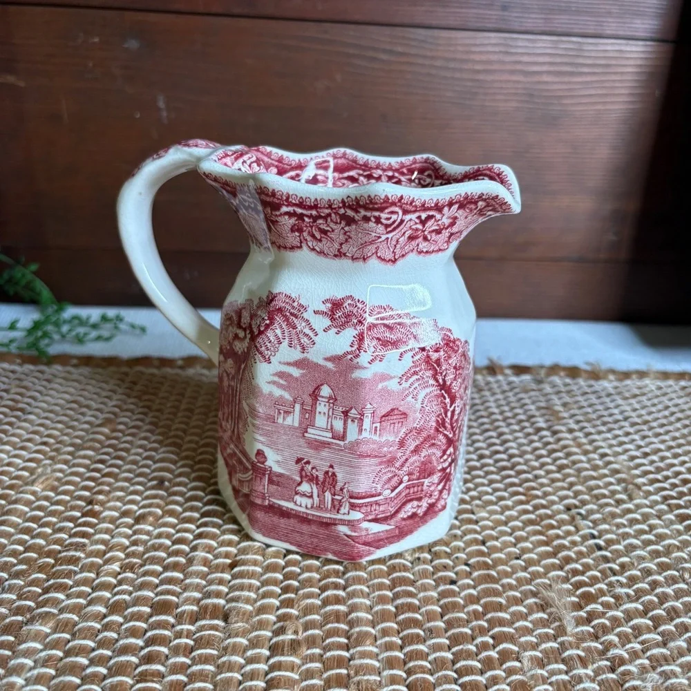 Vintage Mason's Ironstone England Vista Pink Red Transferware Creamer Pitcher